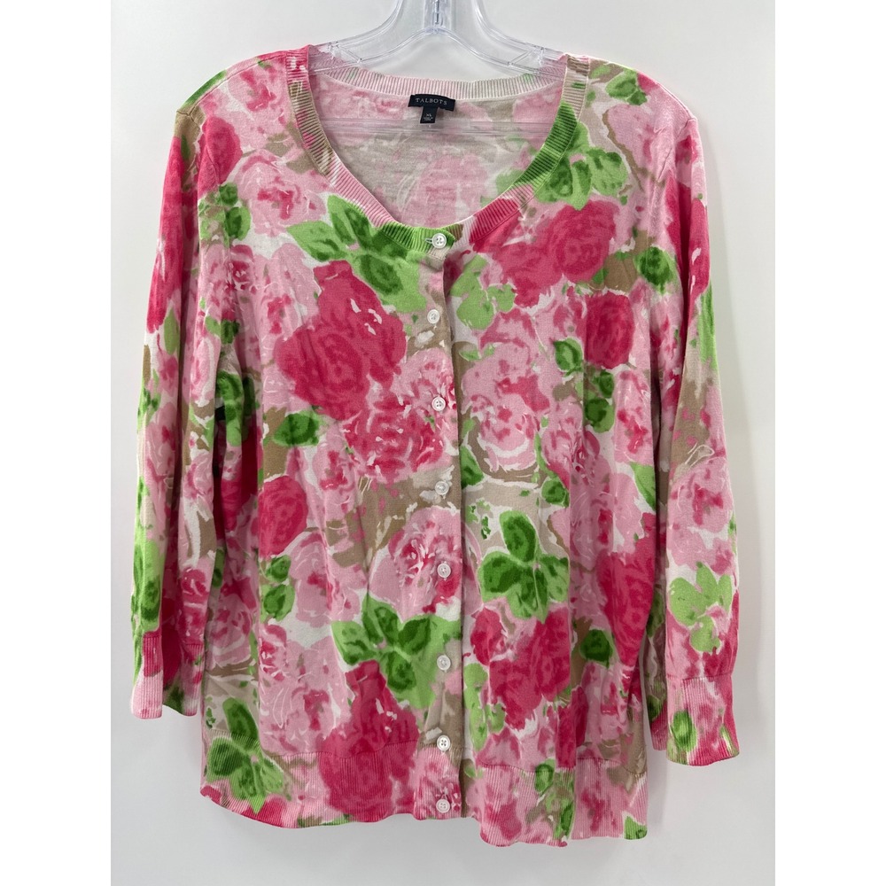 Talbots Pink Floral Rose Cardigan Sweater XL Cotton Rayon V-Neck 3/4 Sleeve